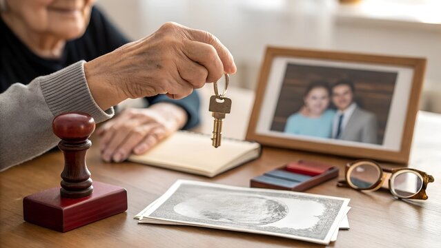 An elderly person hands over a house key next to legal documents, stamp, and a family photo. Concept of inheritance, real estate transfer, property ownership, will, and family legacy.

