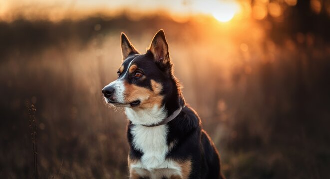 Alert tricolor dog in field at sunset with warm light and soft focus