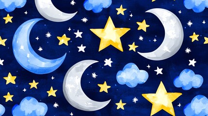 Naklejka premium Dreamy Night Sky Pattern with Moons, Stars, and Clouds in Blue