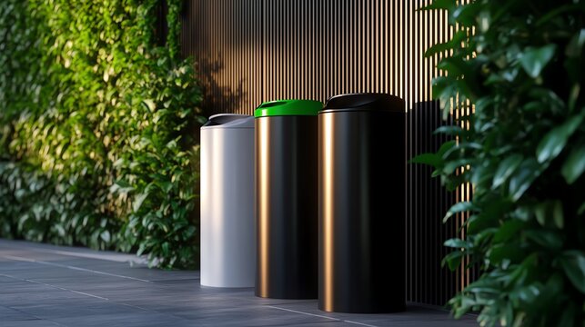 Modern trash bins near green foliage.