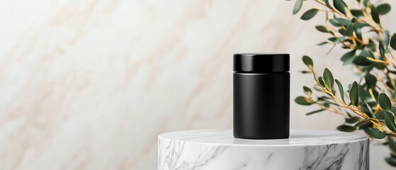 Stylish candle on marble table with greenery.