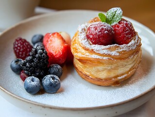 Delicious puff pastry with fresh berries, mint and powdered sugar