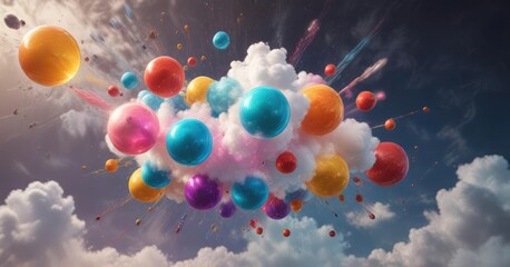 Fototapeta premium Swirling cloud of colored orbs suspended in mid-air, translucent, bubbles