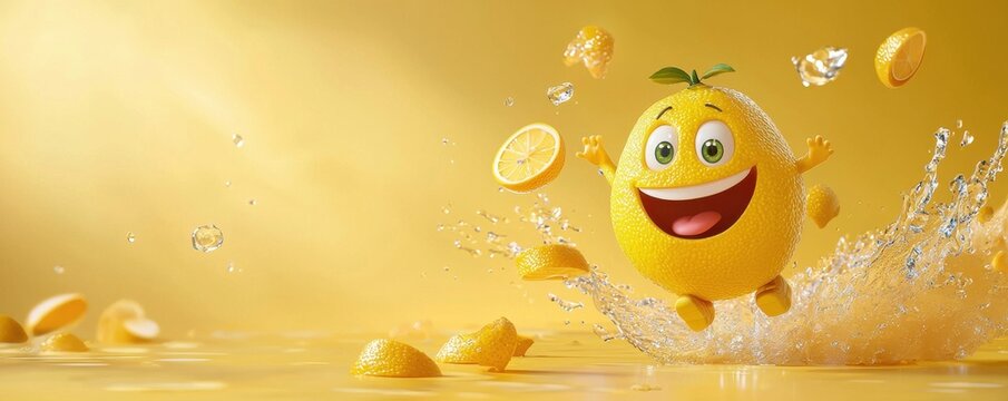 A cheerful lemon character splashes in water against a bright yellow background, exuding joy and freshness.
