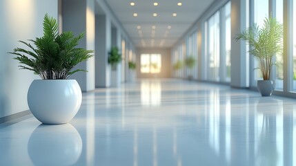 Obraz premium A serene corridor featuring large windows, bright lighting, and decorative plants in white pots, creating a calm and modern atmosphere.