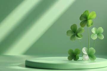 A serene arrangement of green clovers on a circular pedestal, highlighted by soft shadows and light, evoking freshness and nature.