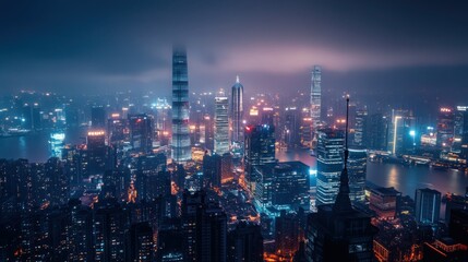 Fototapeta premium Futuristic megacity skyline, neon-lit skyscrapers, aerial night view, cyberpunk aesthetic, foggy atmosphere, glowing lights, dense urban landscape, moody blue tones, high-rise buildings,