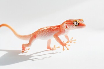Obraz premium A small, orange gecko with white spots walks on a white background.