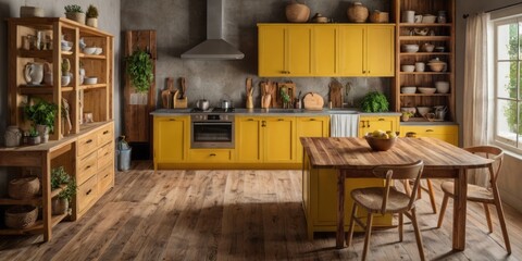 Fototapeta premium Rustic Kitchen With Yellow Cabinets And Wooden Island