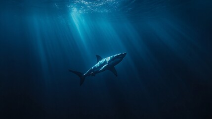 Majestic great white shark swimming in deep ocean, sunbeams illuminating it.