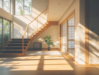 Obraz premium Sunlit modern home interior with wooden staircase, plant, and sliding doors.