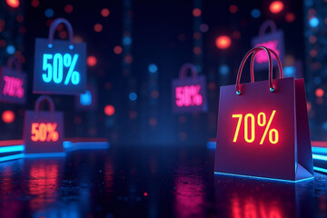 A dark futuristic background with vibrant neon glow effects in electric blue, magenta, and orange. Floating shopping bags, discount tags, and glowing percentage signs (like -50%, -70%) 