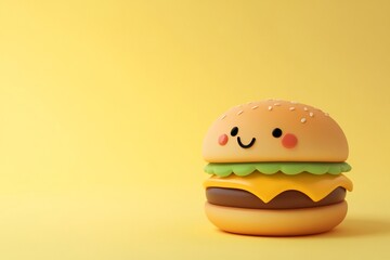 Cute cartoon burger with cheese and lettuce on yellow background.
