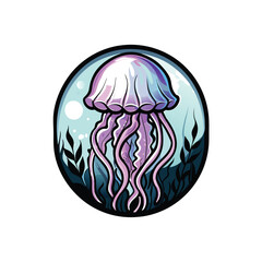 Create an editable stroke vector graphic of a jellyfish gracefully floating underwater, showcasing its translucent bell and flowing tentacles.