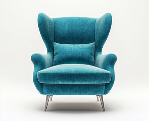 Teal velvet wingback armchair on white background.