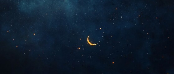 Beautiful and Minimalist Eid Card Featuring a Deep Night Sky, Delicate Crescent Moon, and Softly Shining Stars