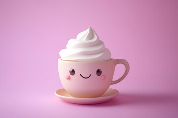 Cute cartoon pink coffee cup with whipped cream on pink background.