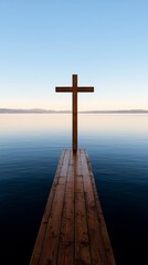 Wooden Cross at the End of a Pier on Calm Water