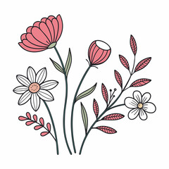 Set of decorative rose with plant, floral leaves. Flower silhouette & Vector illustration 