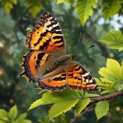 Obraz premium Tortoiseshell butterfly on a branch with leaves in background , fauna, butterfly