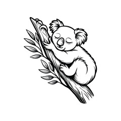 Create an editable stroke vector graphic of a cute koala bear soundly asleep on a eucalyptus branch.  Include detailed fur texture.