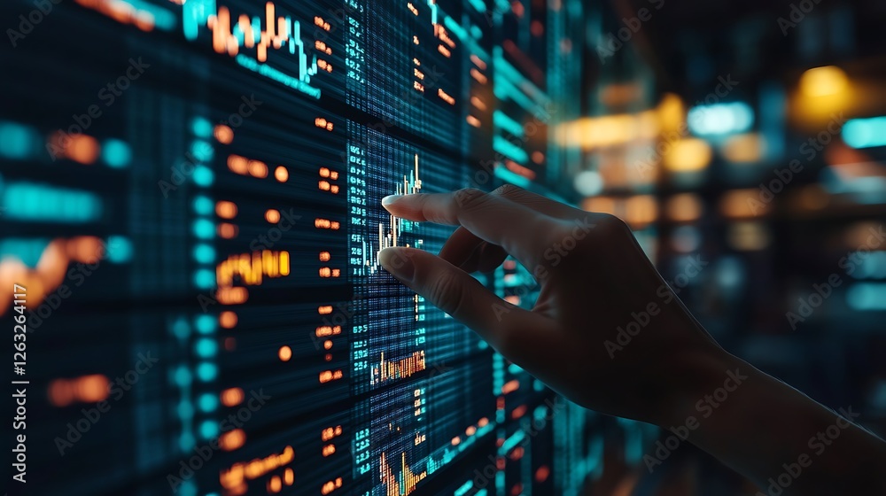 Poster hand interacting with a digital stock market display showing graphs and data.