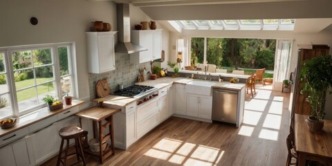 Fototapeta premium Sunlit Kitchen With White Cabinets And Garden Views