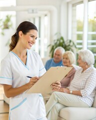 nurse helping senior woman to do check