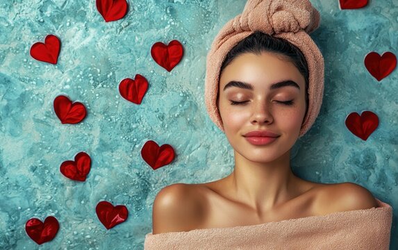 Woman relax in SPA wrapped in a soft towel. hearts background. top view