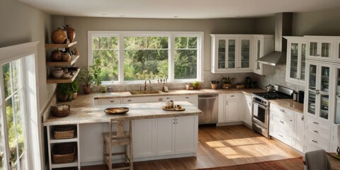 Fototapeta premium Bright Kitchen With Island And Abundant Natural Light