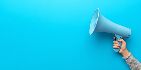 Hand holding blue megaphone on blue background.