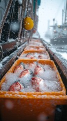 Freshly caught fish are being loaded into the freezing compartments of a fishing trawler. Snow falls around the trawler, emphasizing the cold conditions of the fishing process.