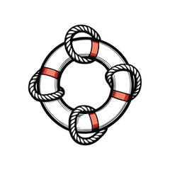Create a detailed, editable stroke vector graphic of a lifebuoy with realistically rendered ropes, suitable for various design applications.