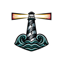 Create a highly detailed, editable stroke vector graphic of a lighthouse beam illuminating the sea at night.  Include realistic wave textures.