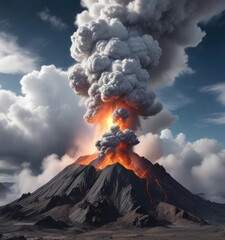 Volcanic fumes and ash suspended in the air as white clouds form around an active volcanic vent, eruption,
