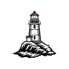 Editable vector illustration of a lighthouse standing proudly atop a dramatic cliff, ideal for nautical themed designs.