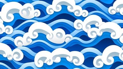 Fototapeta premium Abstract Ocean Waves and Clouds in Blue and White Color Palette