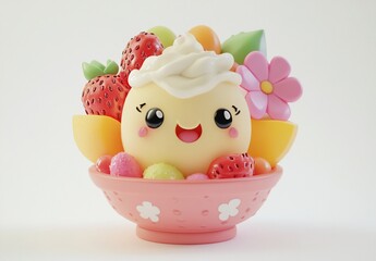Cute cartoon fruit dessert in pink bowl.