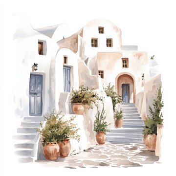 A charming watercolor illustration of whitewashed buildings with blue doors, terracotta pots, and lush greenery, evoking a serene Mediterranean atmosphere.