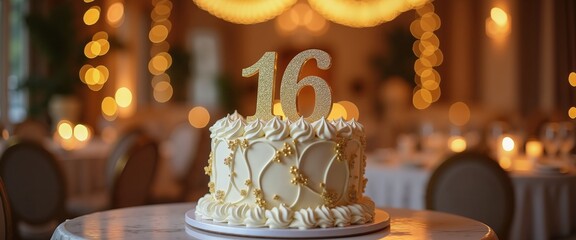 Elegant birthday cake with number 16 in festive golden decor background, celebration theme