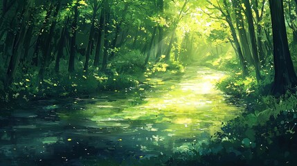 Obraz premium Sunlight streams through a lush forest path beside a tranquil waterway.
