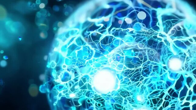 Glowing blue cells evolving through a microcosmic energy network