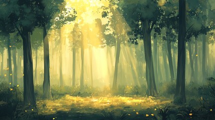 Sunlight streams through a serene, misty forest, dappled light illuminating the ground.