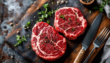 Raw Steak Preparation on Wooden Board with Knife and Herbs