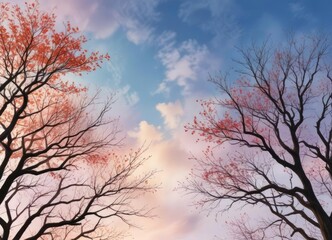 Watercolor aquarelle with bare tree branches and sky, soft focus, tree, atmospheric conditions