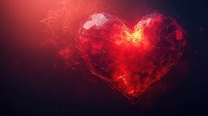 Glowing red heart made interconnected digital lines and geometric shapes pulses with energy against dark background. Concept love, technology, and fusion emotion with futuristic digital innovation.