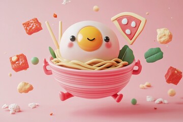 Fototapeta premium Cute 3D cartoon egg noodle bowl with pizza and vegetables flying around.