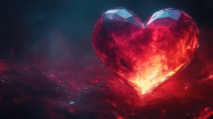 Glowing red heart made interconnected digital lines and geometric shapes pulses with energy against dark background. Concept love, technology, and fusion emotion with futuristic digital innovation.