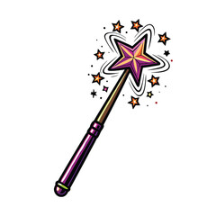 Create a vibrant, editable stroke vector graphic of a whimsical magic wand, radiating sparkles and emanating magical energy.  Include detailed texture and shine effects.