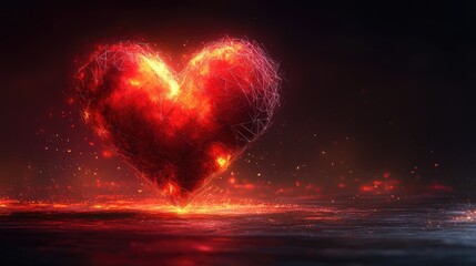 Glowing red heart made interconnected digital lines and geometric shapes pulses with energy against dark background. Concept love, technology, and fusion emotion with futuristic digital innovation.